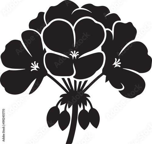 Beautiful black flower silhouette with multiple petals and leaves on transparent background
