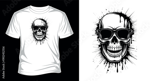 Skull wearing sunglasses, splash ink effect, cool t-shirt design