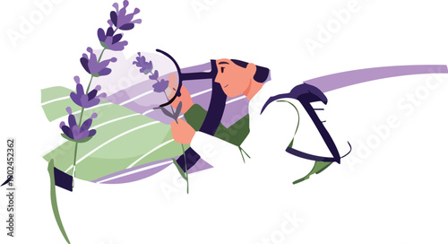 Woman Relaxing with Lavender and Insects.