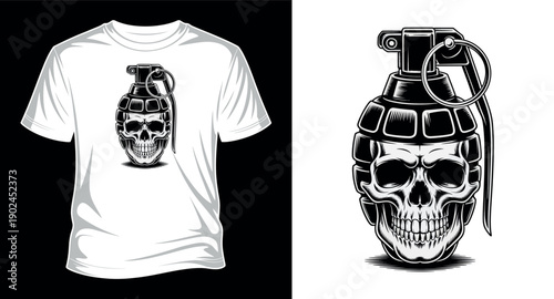 Military style grenade skull fusion vector illustration for t-shirt design isolated on white background