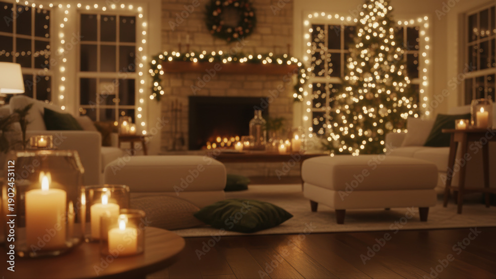 Naklejka premium Festive christmas decor and glowing candles create a cozy holiday atmosphere in a home with a fireplace.