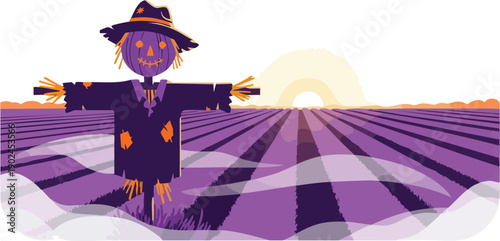 Scarecrow Standing in Lavender Field Illustration.