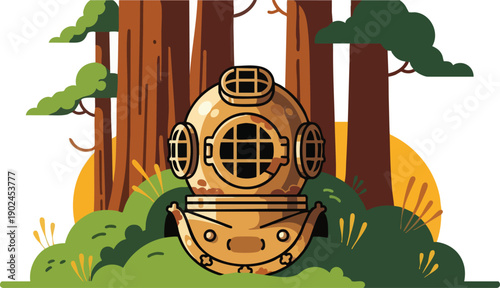 Vintage Copper Diving Helmet in Forest.