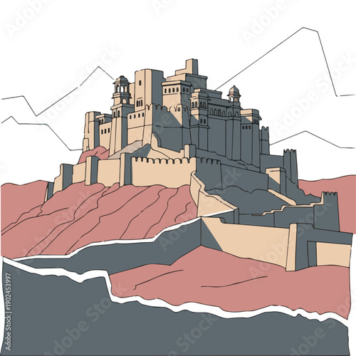 Stylized vector illustration of a majestic ancient fortress perched high on a rugged mountainous landscape, showcasing historical architecture and strong defensive walls in a serene, old-world setting