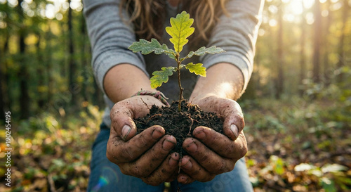 Chica sosteniendo un árbol joven en sus manos para celebrar el Día de la Tierra