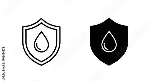 Waterproof icon with shield and water drop symbol, indicating protection against water damage, black and white vector