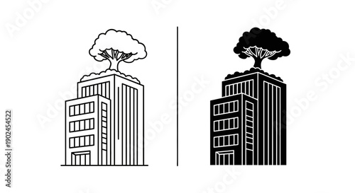 Eco-friendly building with rooftop garden, nature concept icon, clean design, eco-friendly urban concept, dual style illustration