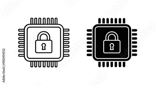 Computer Chip Security Icon: Microprocessor with Padlock