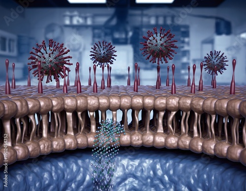 Microscopic view of cell membrane structure showing lipid bilayer with protein channels and viral particles attacking from surface representing immunology and microbiology research