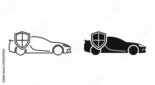Car insurance icon with shield protecting vehicle, black and white outline and solid fill vector illustration