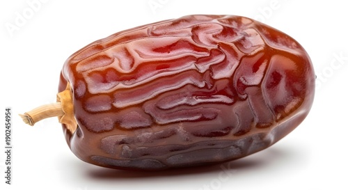 A close up of a single ripe date fruit with a wrinkled skin