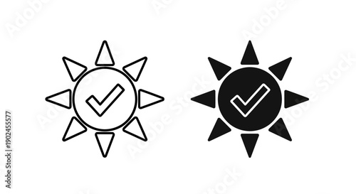 Sun with checkmark icon, symbolizing solar power, clean energy, and renewable resources, positive environmental impact, sustainability success, dual style illustration