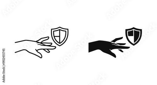 Hand reaching towards a shield icon, symbolizing protection, care, and defense of something valuable.