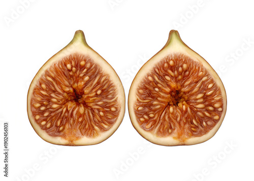 Exquisite Fig Halves: Reveals the intricate inner beauty of two perfectly sliced fig halves, showcasing their rich texture and vibrant colors.