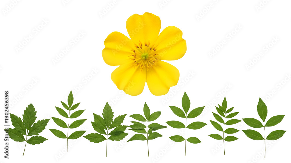Fototapeta premium A bright yellow flower surrounded by green leaves arranged in a row on a clean white background from a straight-on viewpoint