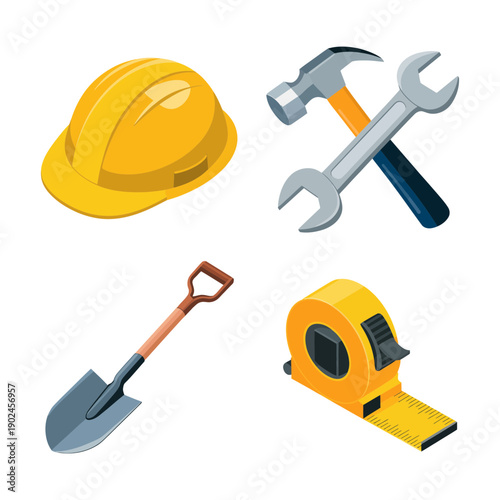 Construction Safety and Tool Equipment Icon Set. Vector Illustration. Editable Stroke.
