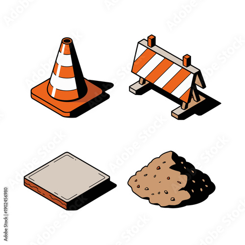 Construction Site Materials and Safety Tools Icon Set. Vector Illustration. Editable Stroke.