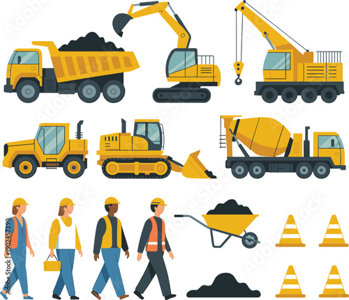 Construction vehicles and workers illustration set with excavator dump truck crane bulldozer mixer road safety equipment flat vector design collection