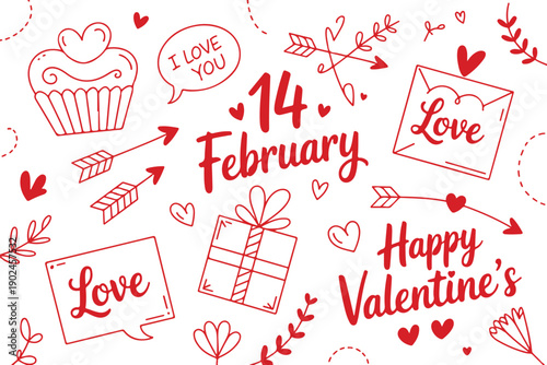 Red Valentine's Day doodle elements on grey background: 14 February, love, happy valentine's, hearts, gifts, and arrows
