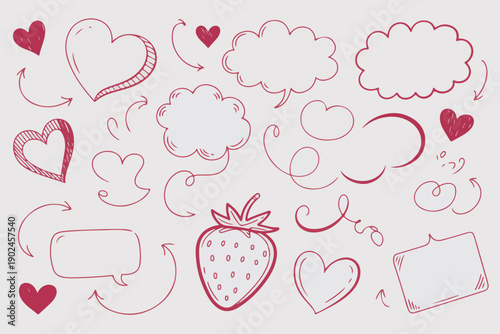 Collection of red hand drawn doodle elements like hearts, speech bubbles, clouds, swirls, arrows, and strawberry illustration