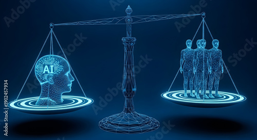 Digital concept illustrates the critical comparison of artificial intelligence against human value using a glowing wireframe scale