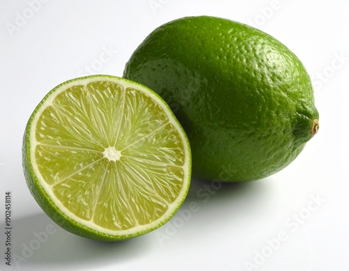 Whole Green Lime and a Juicy Half Slice on a White Background