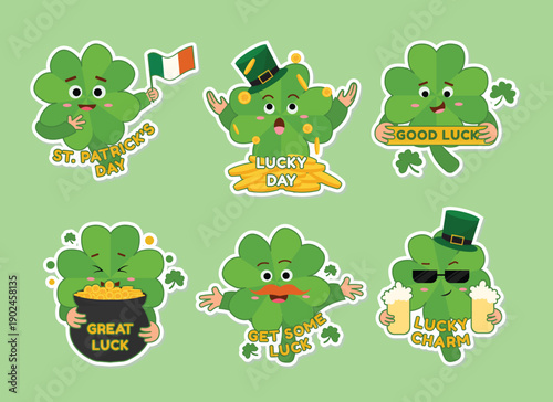 Cute cartoon clover characters celebrating st patrick s day and good luck