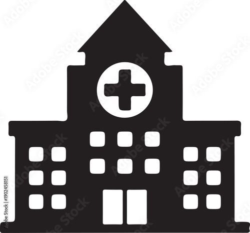 Simple hospital building icon with medical cross symbol on transparent background