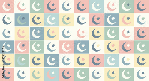 A repeating pattern of crescent moons and stars in pastel colors.