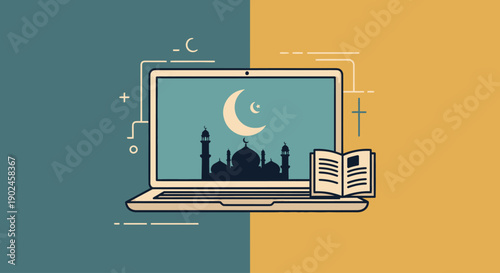 Digital Islamic education with laptop and book