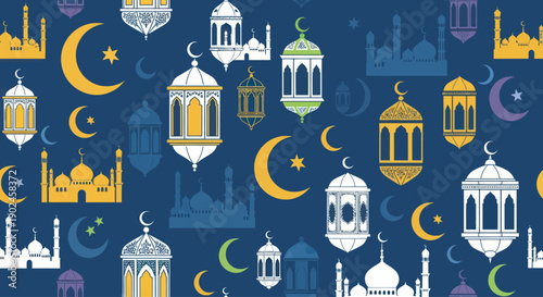 Islamic holiday pattern with moons, stars, mosques and lanterns.