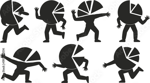 Black and white silhouettes of human figures combined with pie chart shapes illustrating data analytics, statistics, business concepts, and dynamic movement