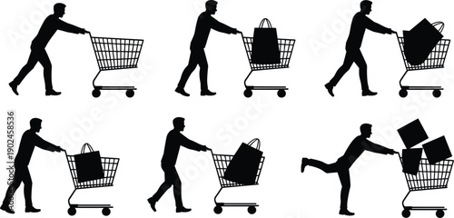 Black and white silhouettes of man pushing shopping cart with bags and boxes, illustrating retail, consumer behavior, and purchase activity