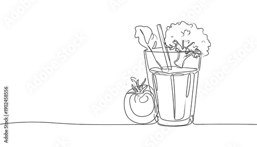 Minimalist line art depicts a tall glass filled with juice, garnished with greens and broccoli. A single tomato rests beside