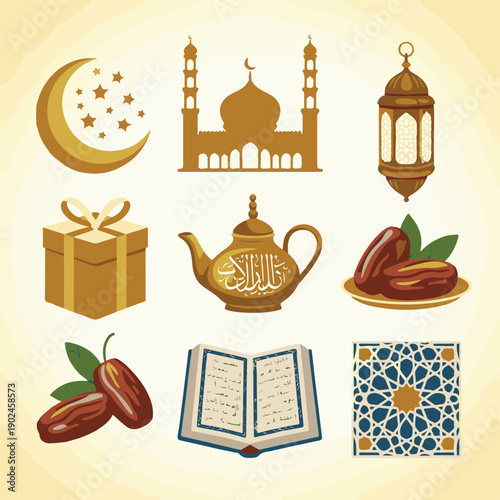 Islamic cultural elements including mosque, crescent moon, stars, dates, teapot, lantern, gift box, and book