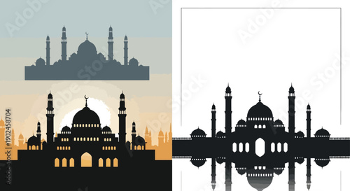 A vector graphic illustration of a mosque silhouette with a city skyline at sunset