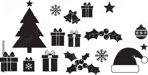 A collection of vector Christmas icons and silhouettes of people featuring a holiday set of symbols like a gift box, xmas tree, star, and celebration hat for winter design