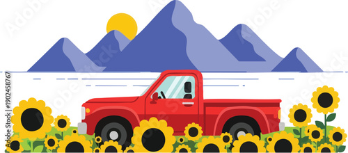 Red Pickup Truck Surrounded by Sunflowers 3.