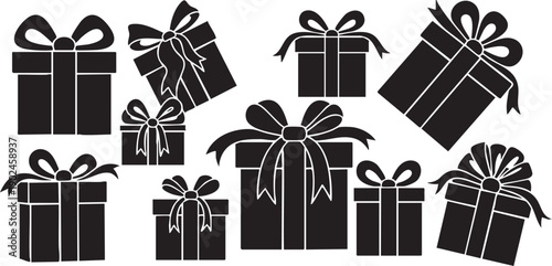 A colorful set of vector gift box illustrations featuring festive ribbons and bows for Christmas, birthday, or holiday celebration surprise packages