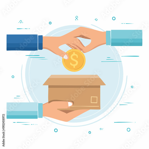 Hand dropping a dollar coin into a cardboard box held by another hand, symbolizing donation or financial transaction.