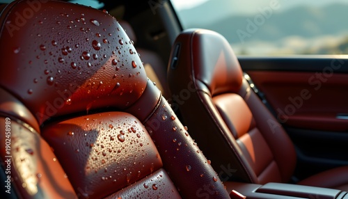 Crimson Comfort: Droplets gracefully cling to luxurious, plush red leather car seats, illuminated by soft natural light, promising an experience of refined driving pleasure.