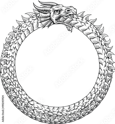 An Ouroboros or Uroboros circle dragon eating its tail circular symbol in a vintage woodcut etching style.