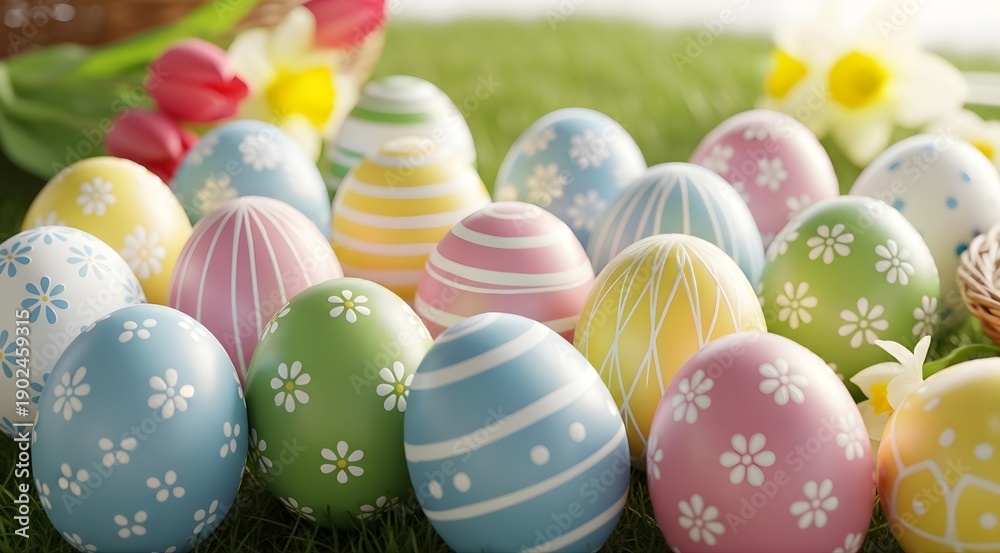 Fototapeta premium Colorful easter eggs arranged amongst spring flowers in green grass