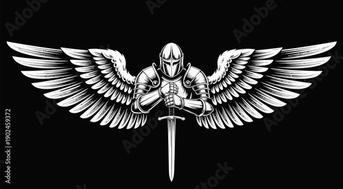 Winged warrior with sword in black and white fantasy illustration depicting divine armored angelic fighter pose for mythology art posters tattoos and dramatic concept designs