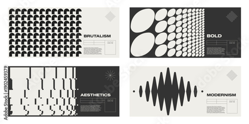 Brutalist bold abstract shape with black geometric distortion and horizontal banner rhythm. Modernism poster element with psychedelic crack texture, y2k rave aesthetic, and minimal optical curve.