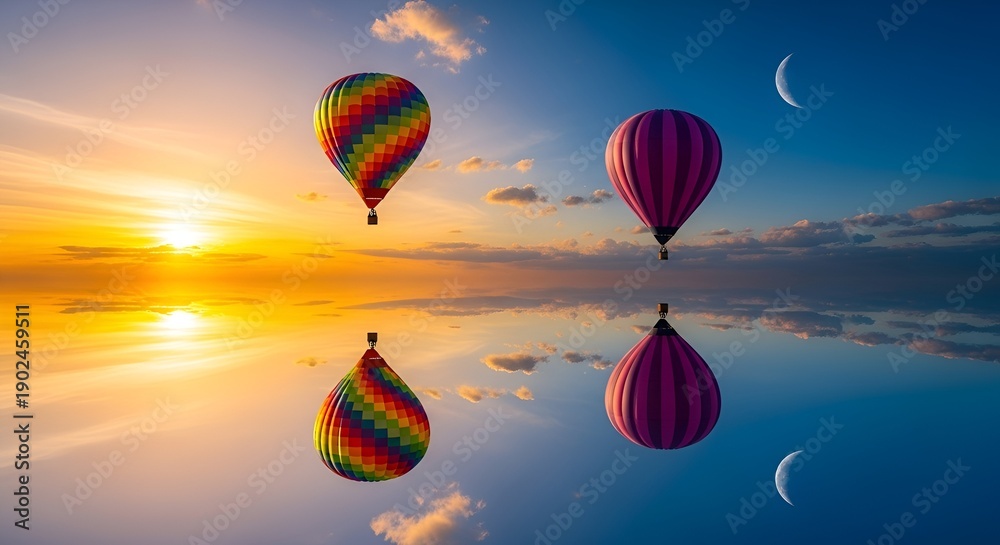 Fototapeta premium Hot Air Balloons Reflecting in Water at Sunset, Dreamy Sky with Moon and Clouds, Vibrant Colors, Surreal Landscape Photography