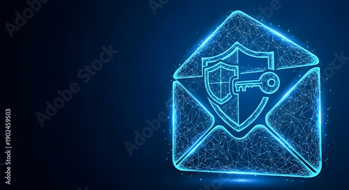Digital secure email concept represented by a glowing blue wireframe envelope featuring a shield and key icon