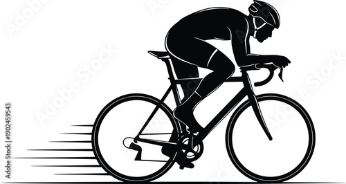 Black silhouette of a professional cyclist riding a racing bicycle in a speed motion pose isolated on white background for sports and competition
