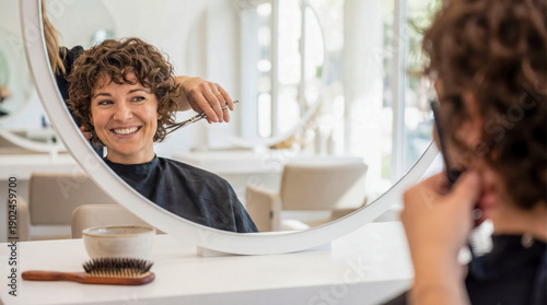 Woman cancer survivor getting first haircut after chemotherapy remission beauty hope background negative space top side recovery joy lifestyle