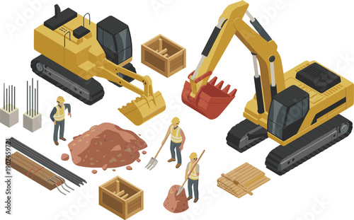 Isometric construction site illustration with excavators workers materials concrete steel rebar foundation building process flat vector design collection industrial engineering